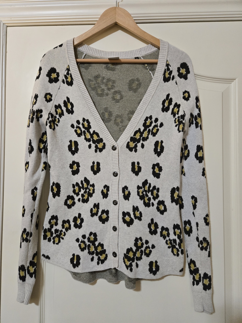 CAbi Cream Cardigan with Black & Mustard Leopard Spots Layering Cozy